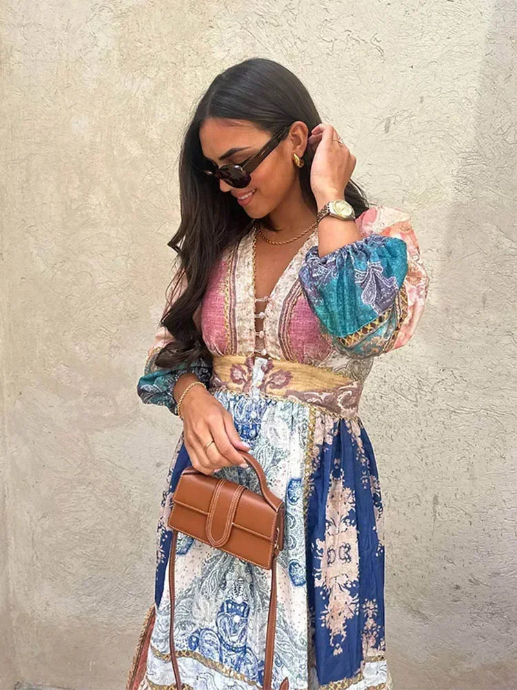 Bohemian Maxi Jurk met Pofmouwen