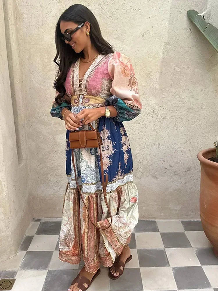 Bohemian Maxi Jurk met Pofmouwen
