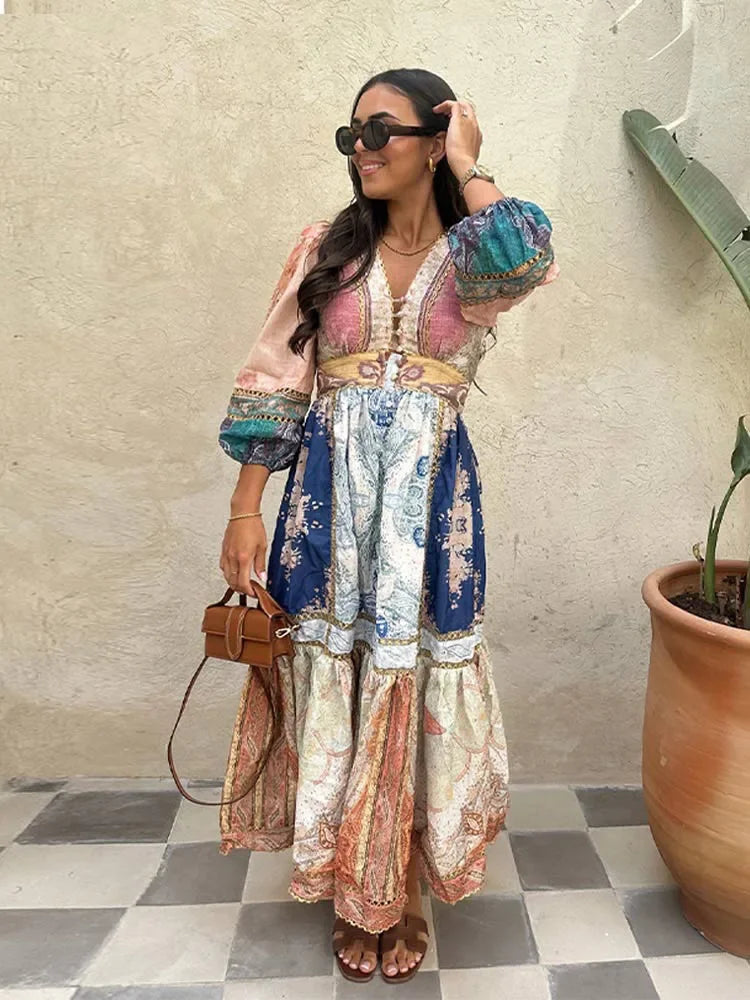 Bohemian Maxi Jurk met Pofmouwen