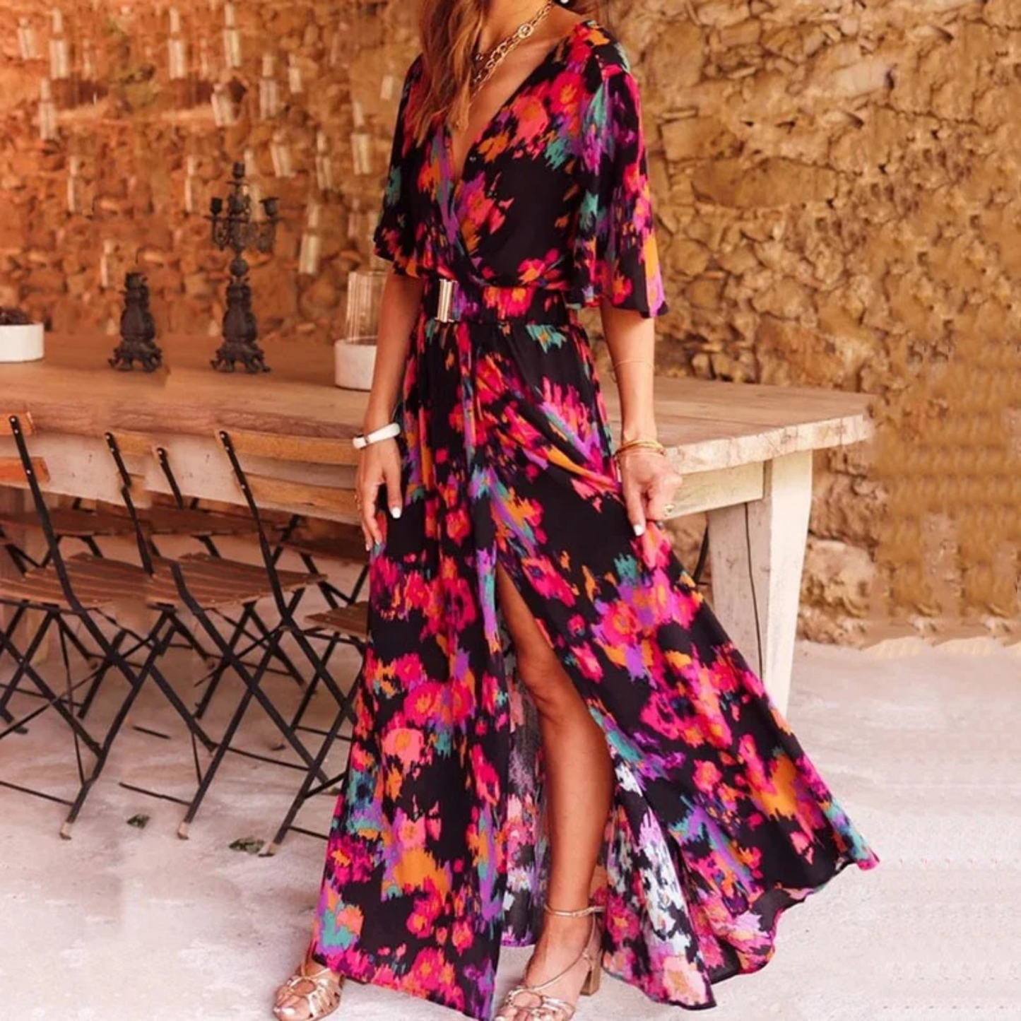 Bohemian V-hals Maxi Jurk met Split