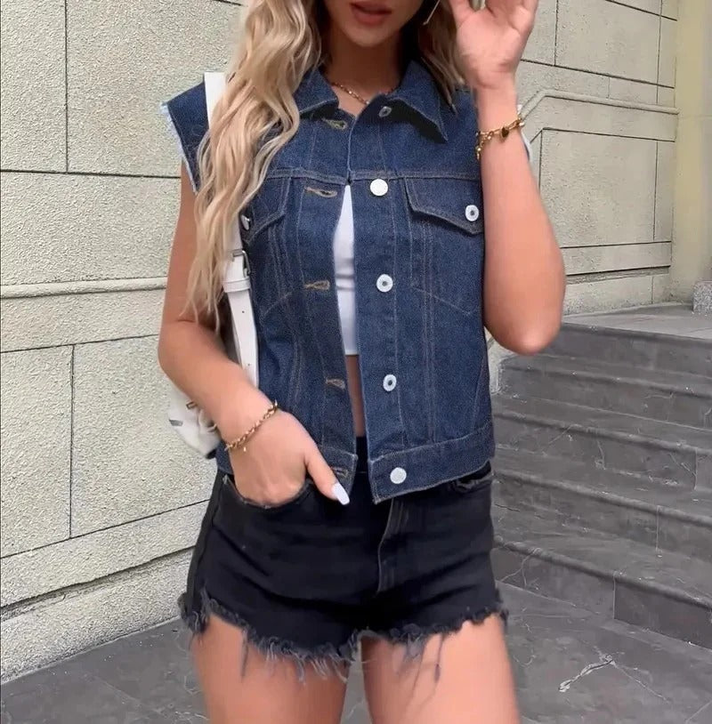 Dames Denim Vest Mouwloos met Zakken