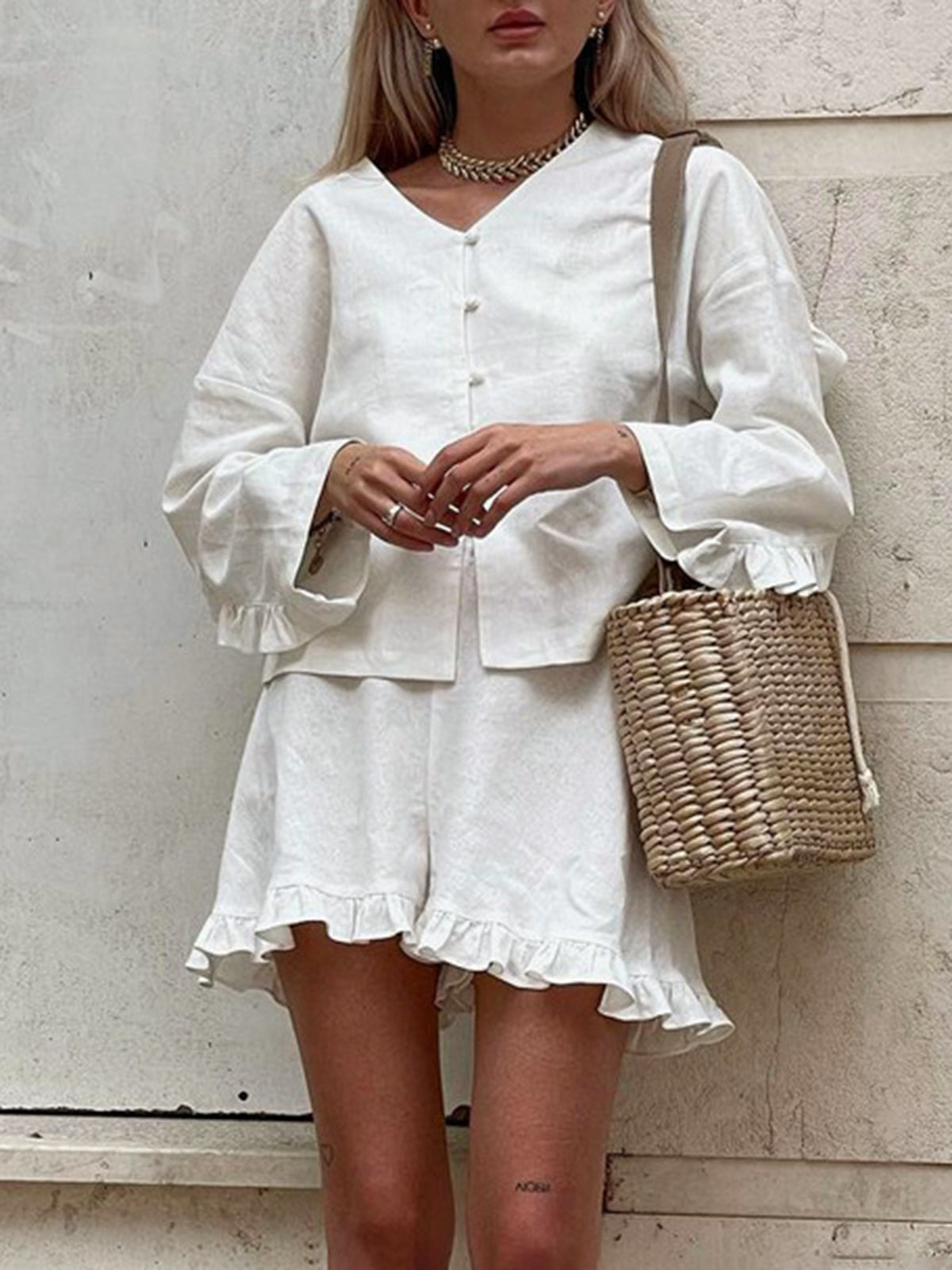 Dames Katoenen Rucheshort en Blouse Set