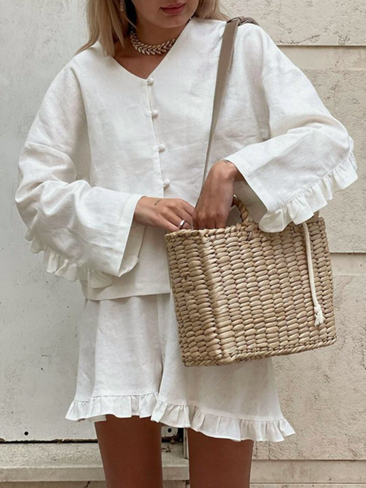Dames Katoenen Rucheshort en Blouse Set
