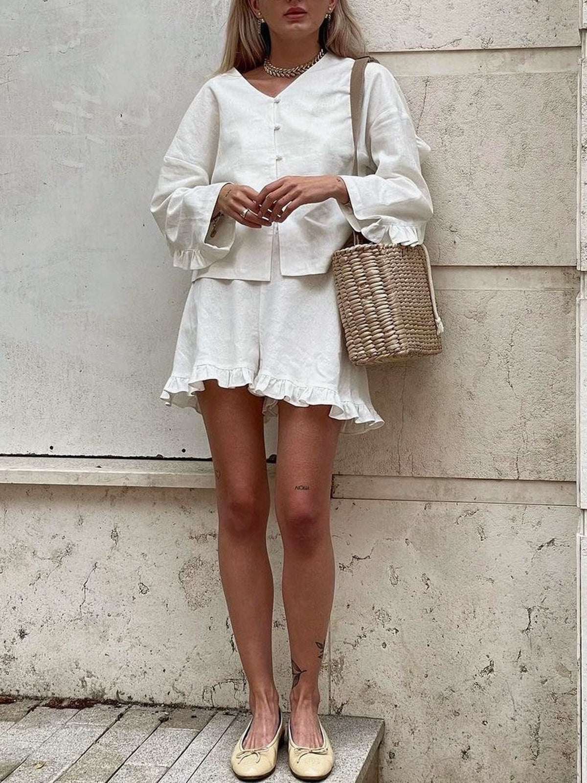 Dames Katoenen Rucheshort en Blouse Set