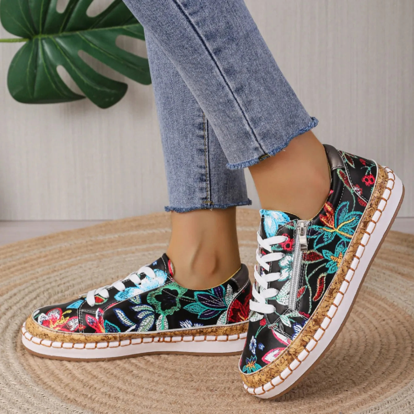 Elegante Dames Veterschoenen met Bloemenprint