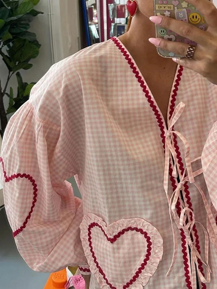 Elegante Geruite Blouse met Kant en Hartjes