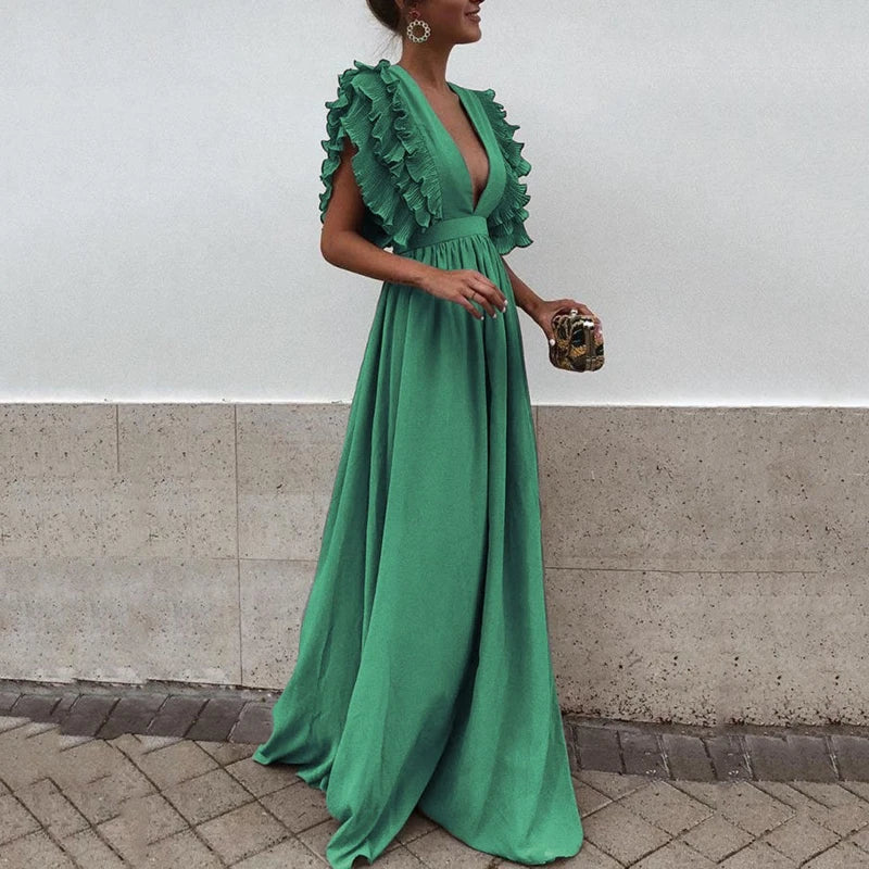 Elegante Maxi Avondjurk met Unieke Ruches
