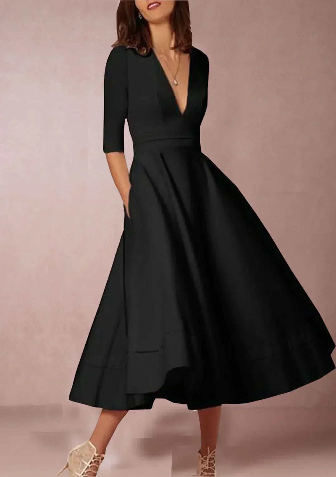 Elegante Midi Jurk met V-hals en Rok
