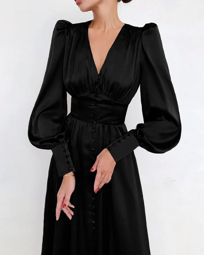 Elegante Satijnen Maxi Jurk met V-Hals