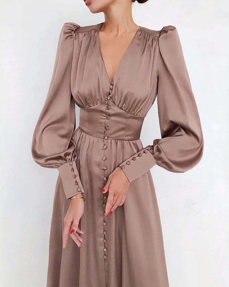 Elegante Satijnen Maxi Jurk met V-Hals