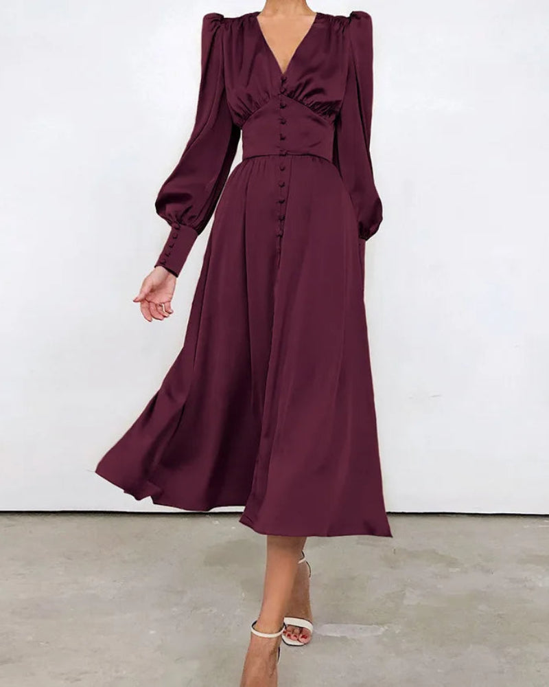 Elegante Satijnen Maxi Jurk met V-Hals