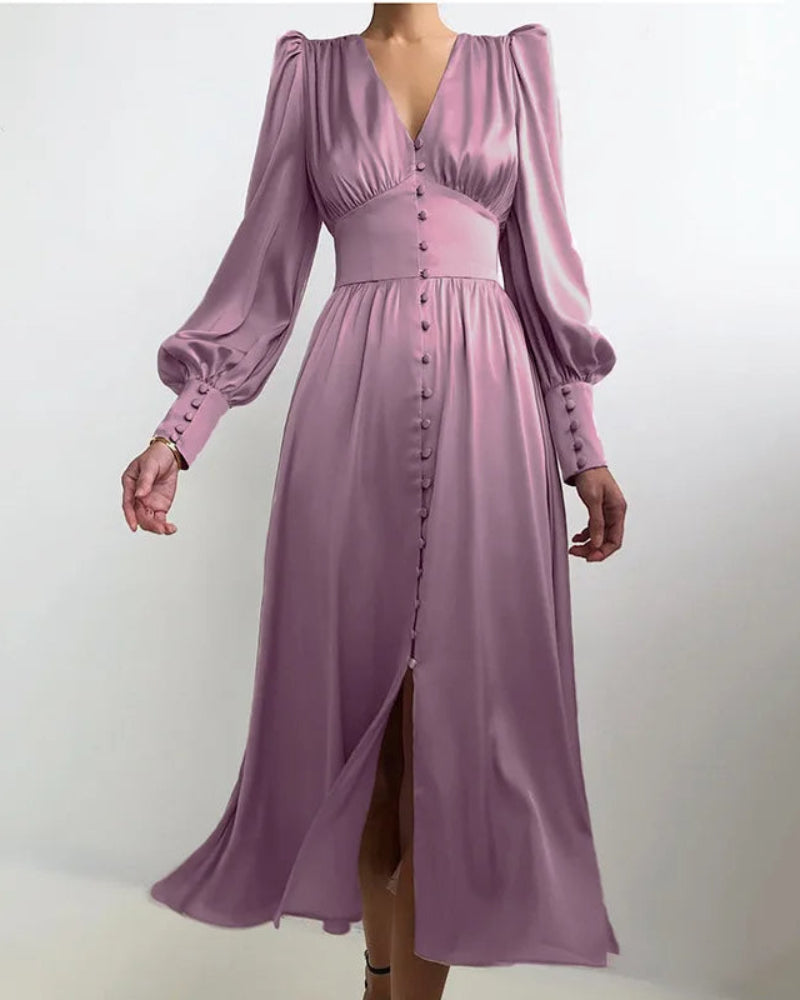 Elegante Satijnen Maxi Jurk met V-Hals