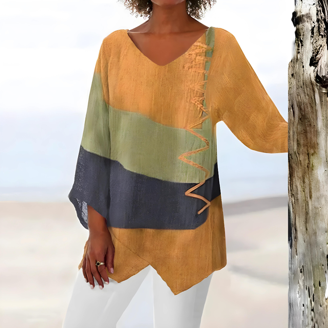 Evelien Elegante Asymmetrische Patchwork Blouse