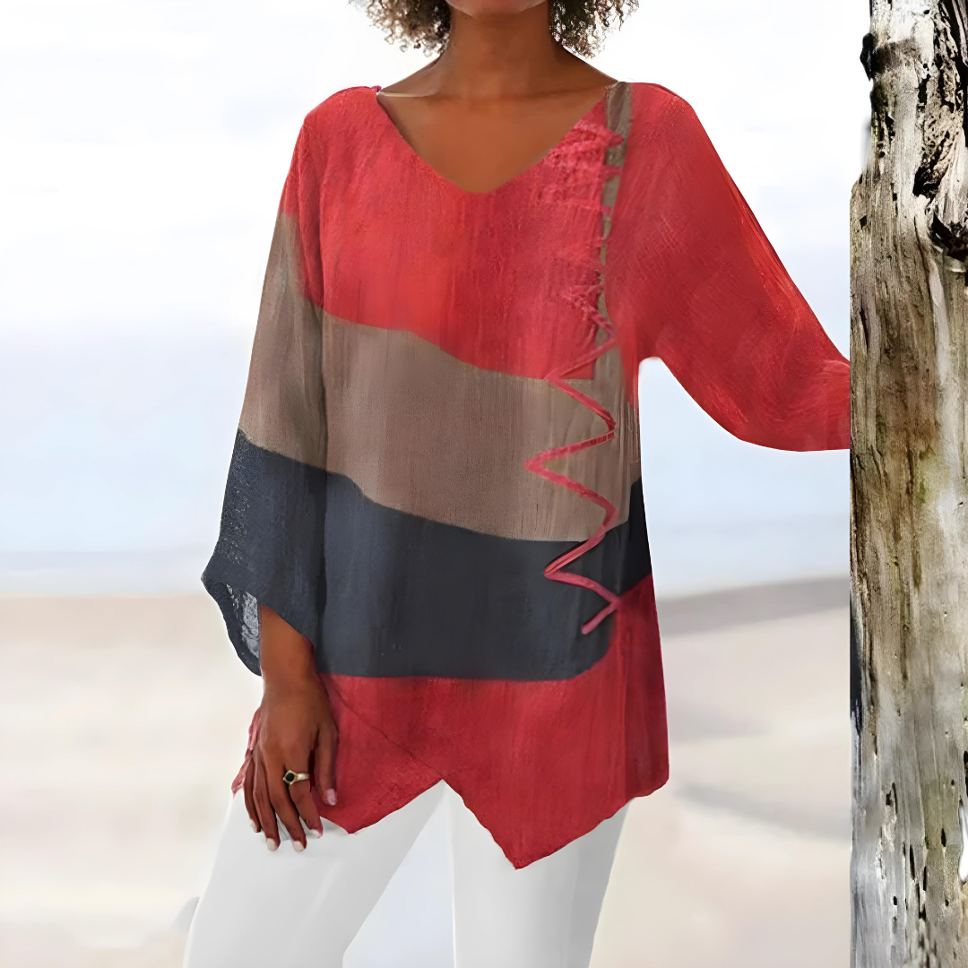 Evelien Elegante Asymmetrische Patchwork Blouse