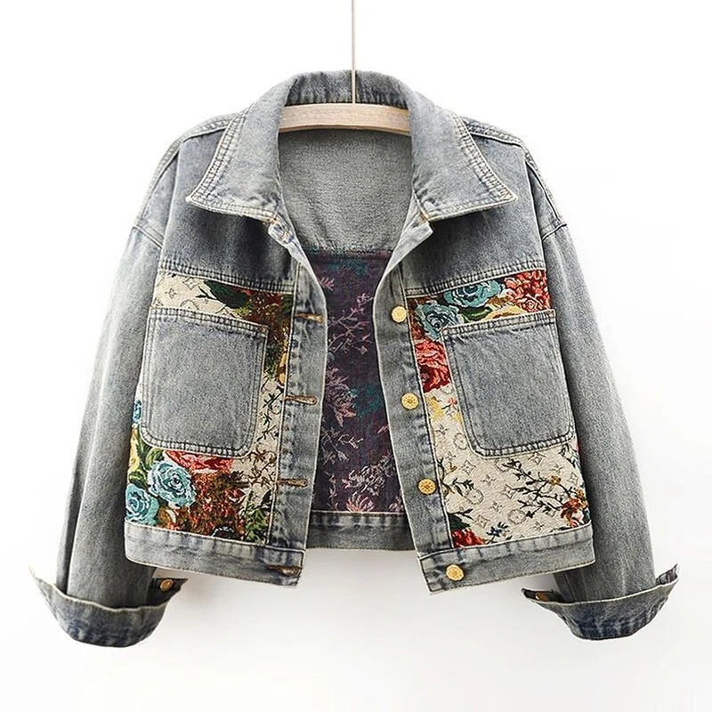 Floral Denim Jas Dames - Bohemian Stijl