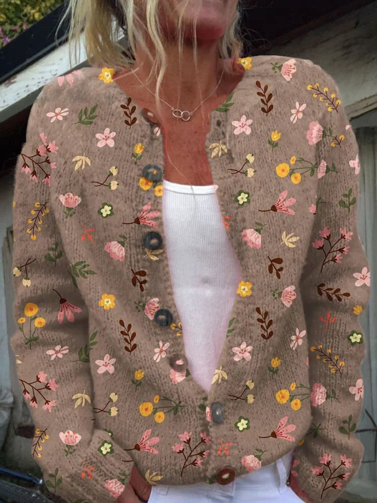 Gebreide Damescardigan met Bloemen en Knopen