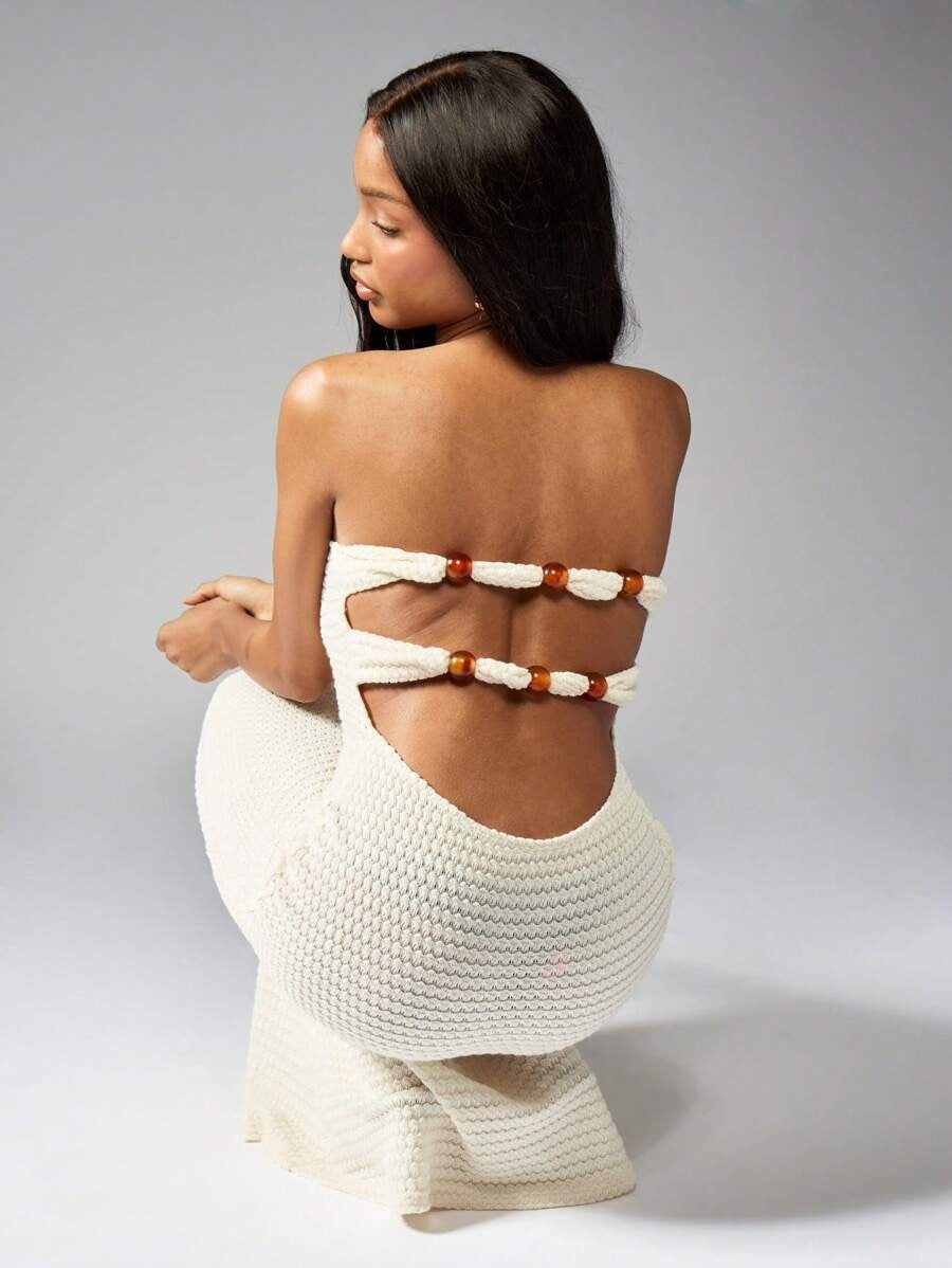 Gehaakte Maxi Jurk met Kralen en Cut-Out