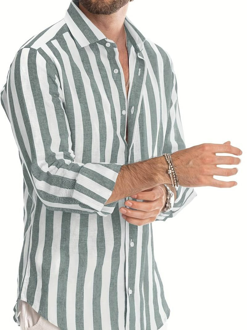 Gestreept Linnen Herenshirt Lange Mouwen Byron