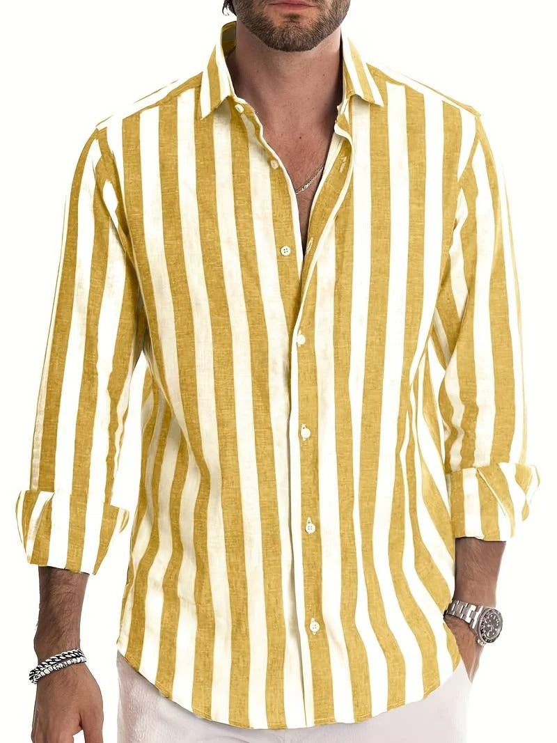 Gestreept Linnen Herenshirt Lange Mouwen Byron