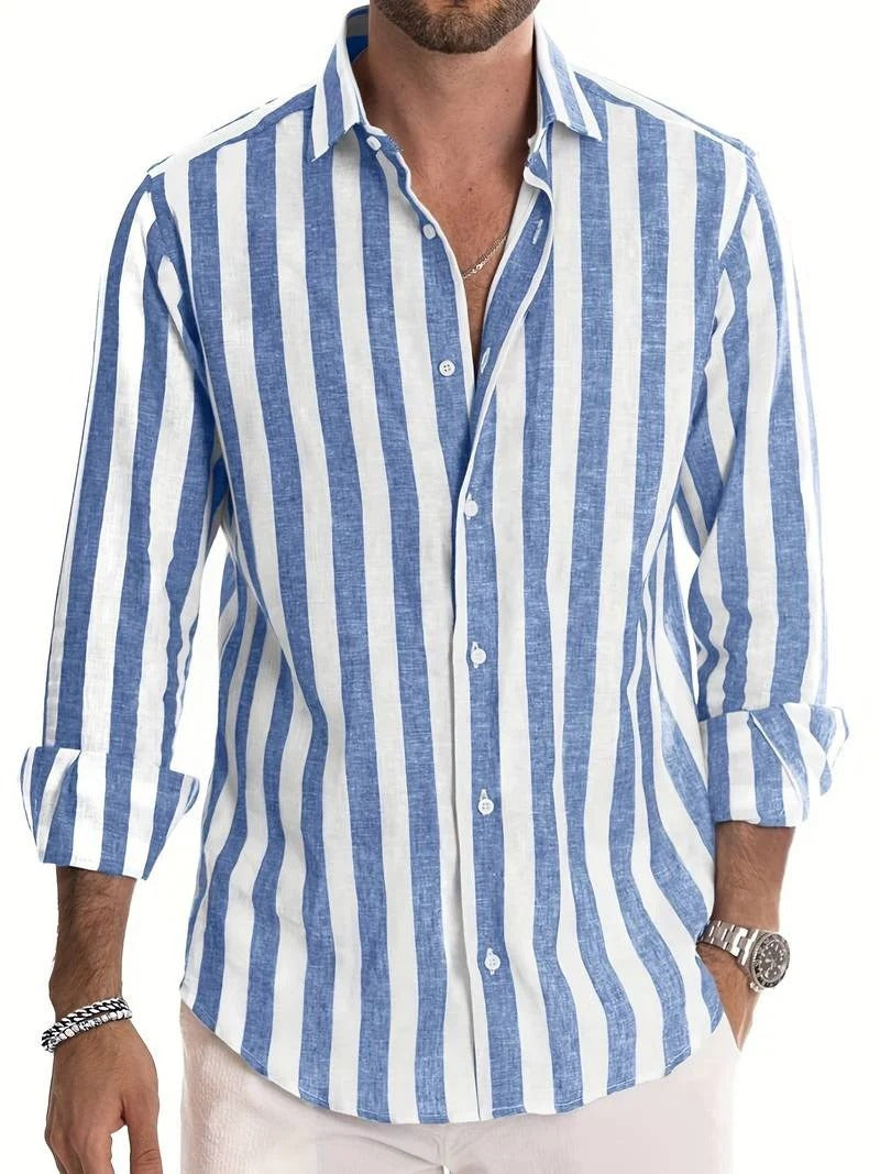 Gestreept Linnen Herenshirt Lange Mouwen Byron