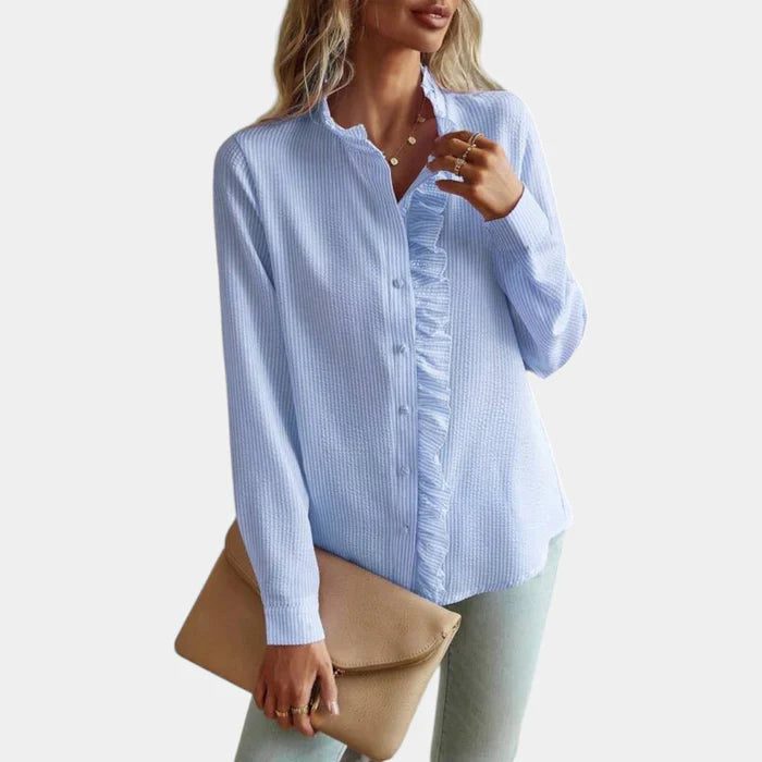 Gestreepte Damesblouse met Ruches en Knoopsluiting