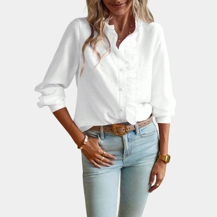Gestreepte Damesblouse met Ruches en Knoopsluiting