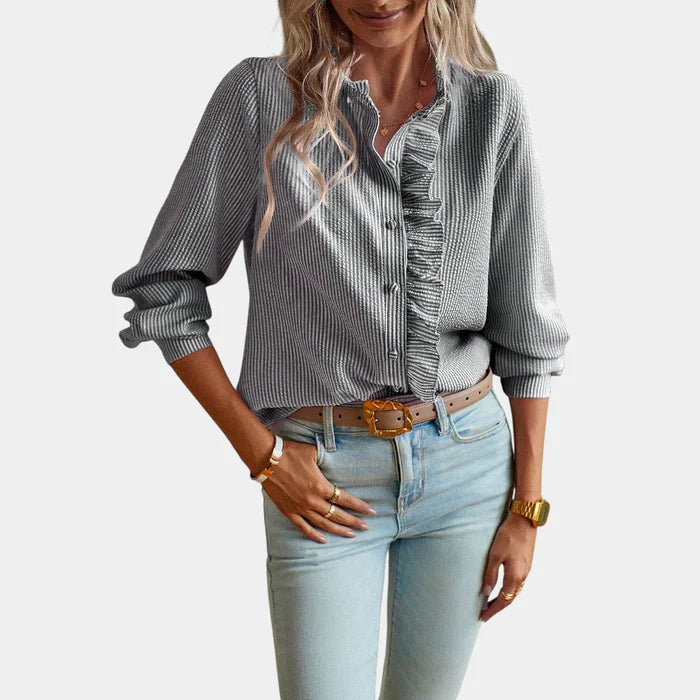 Gestreepte Damesblouse met Ruches en Knoopsluiting