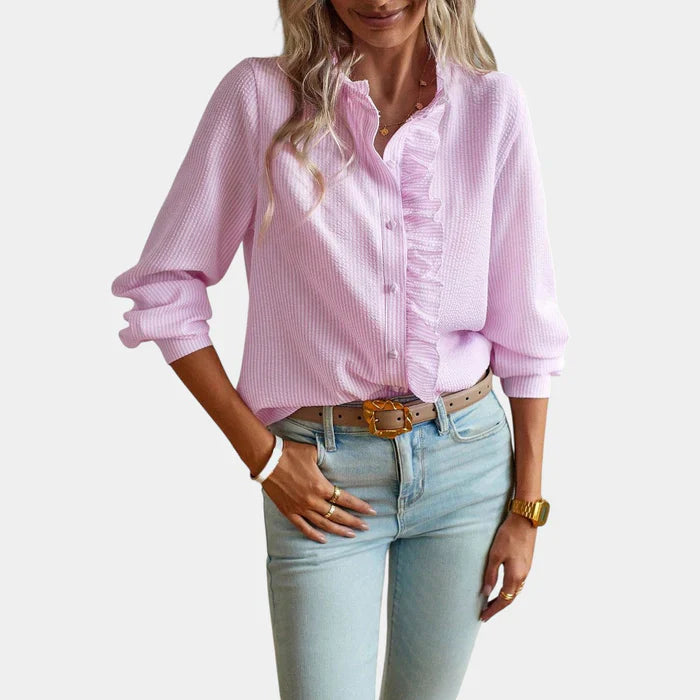 Gestreepte Damesblouse met Ruches en Knoopsluiting