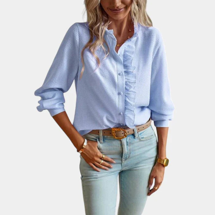 Gestreepte Damesblouse met Ruches en Knoopsluiting