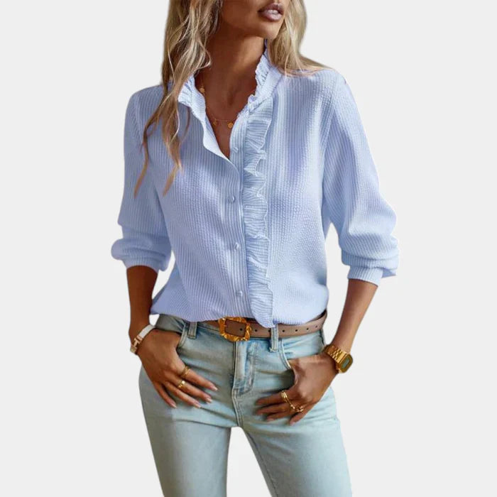 Gestreepte Damesblouse met Ruches en Knoopsluiting