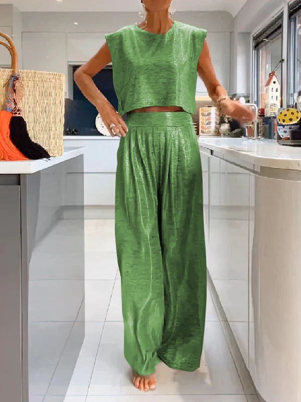 Glanzend Damesvest en Wijde Broek Set