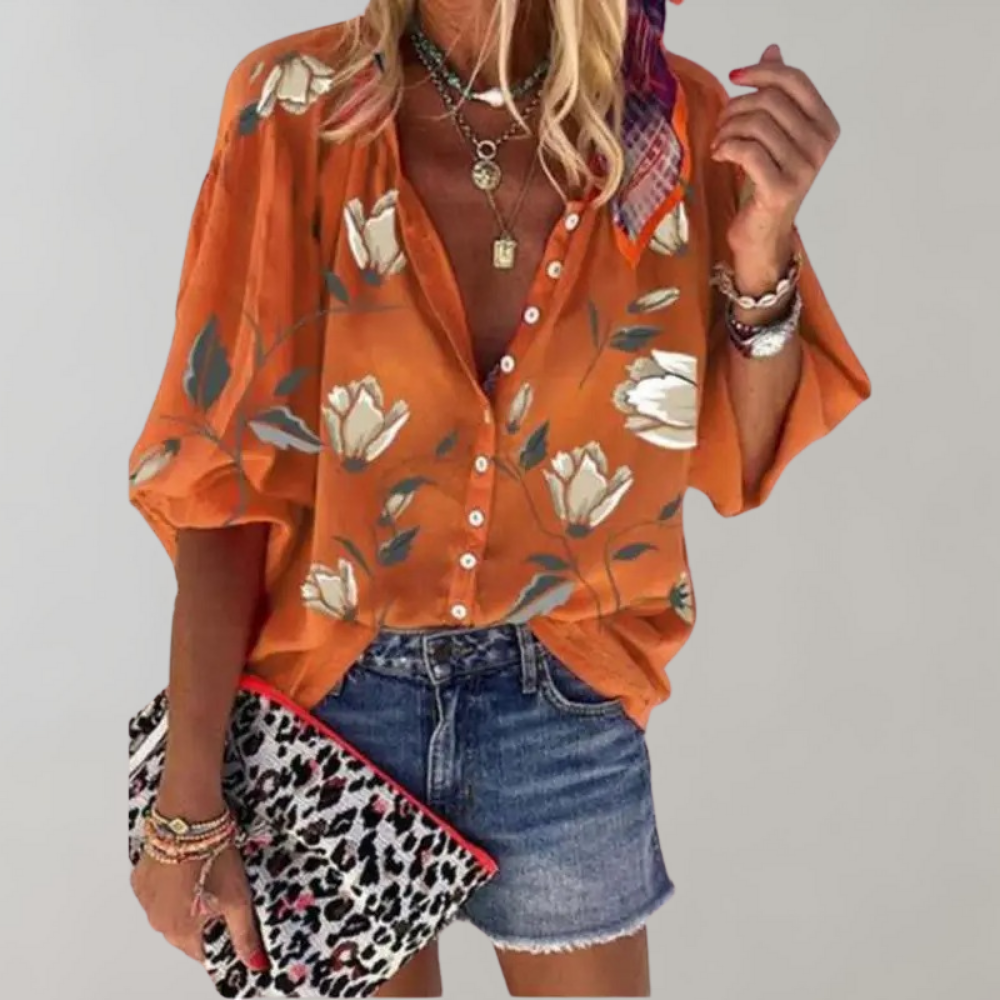 Losvallende Print Blouse met Opstaande Kraag