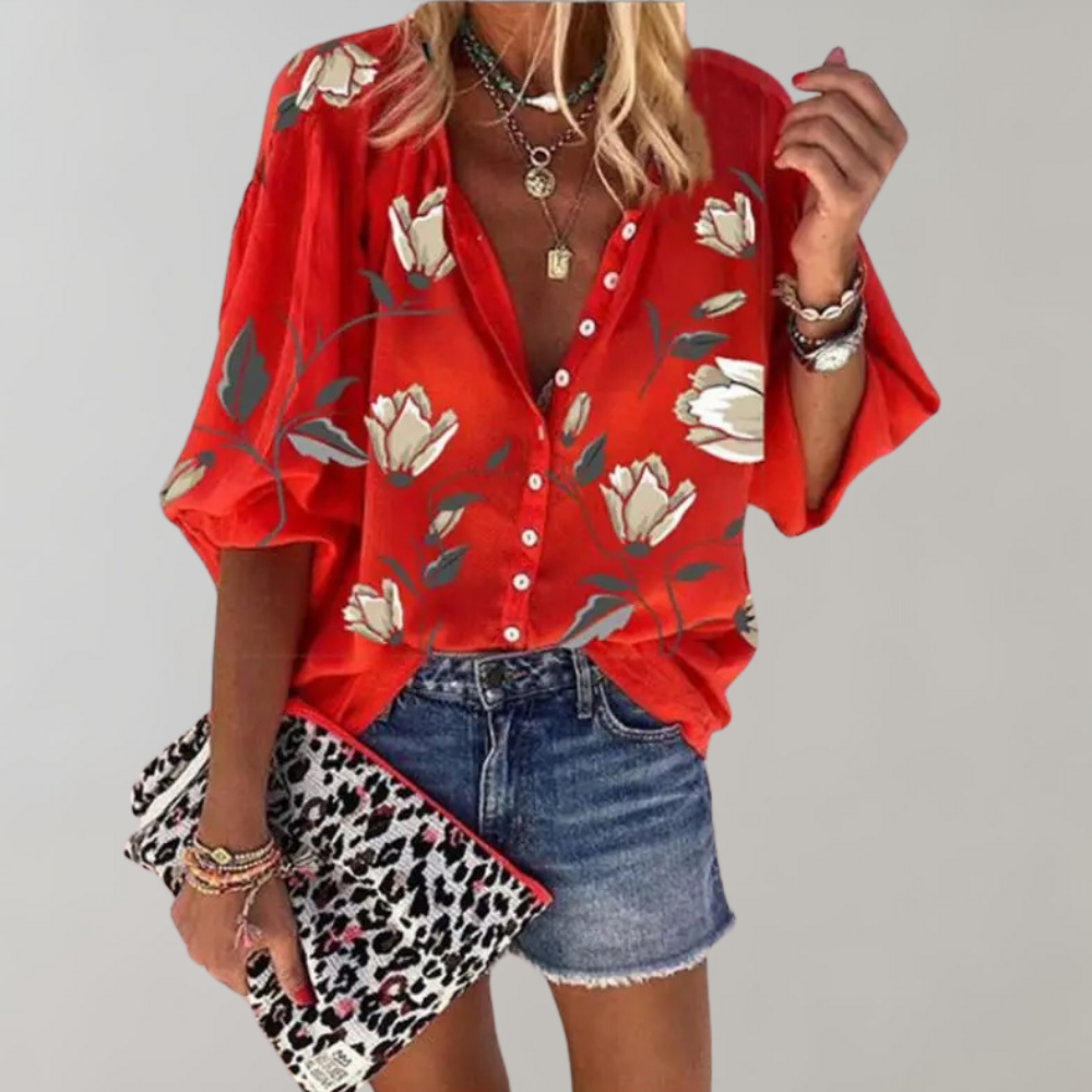 Losvallende Print Blouse met Opstaande Kraag