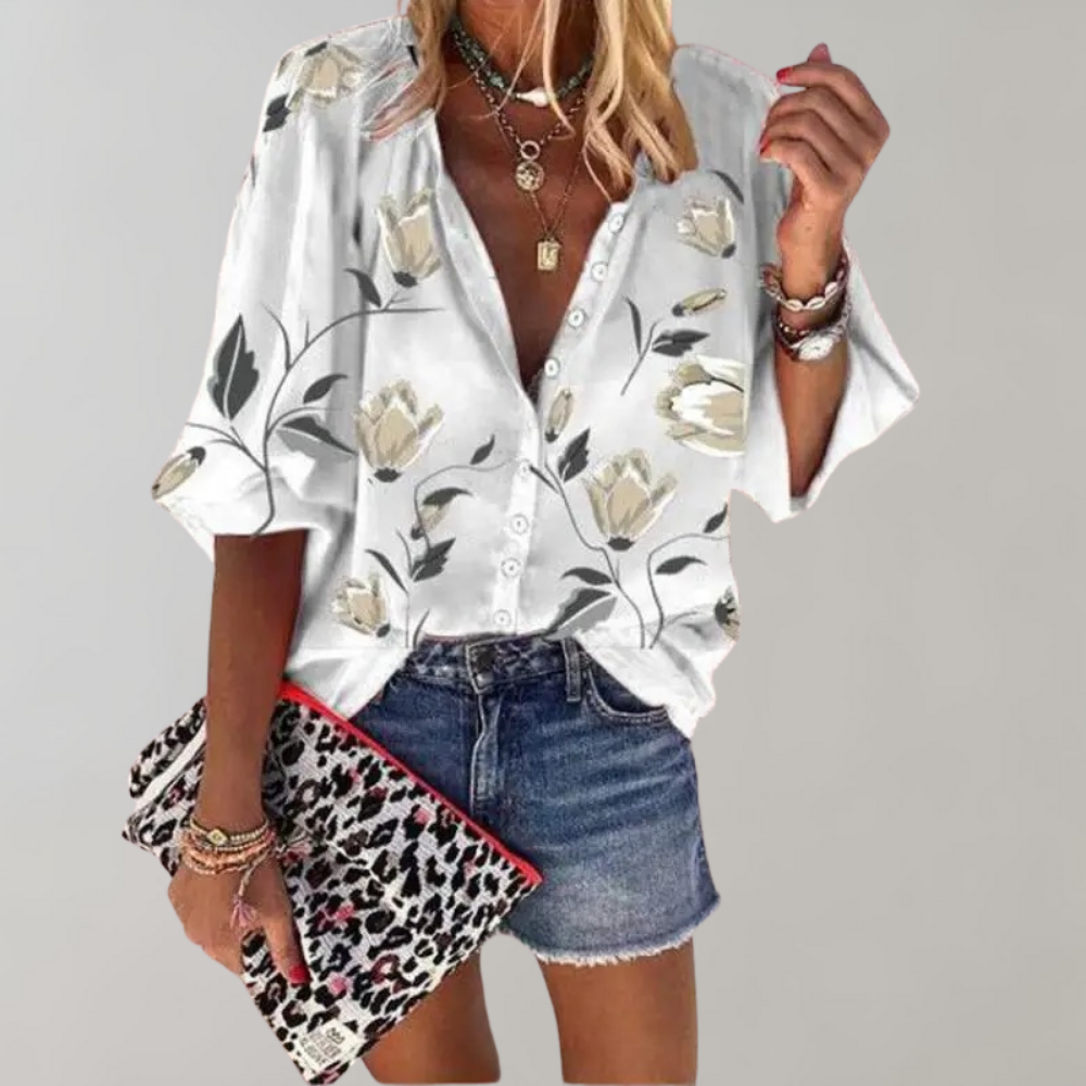 Losvallende Print Blouse met Opstaande Kraag