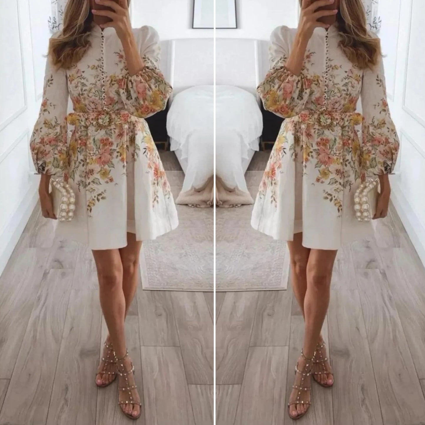 Mini-jurk met bloemenprint en knoopjes