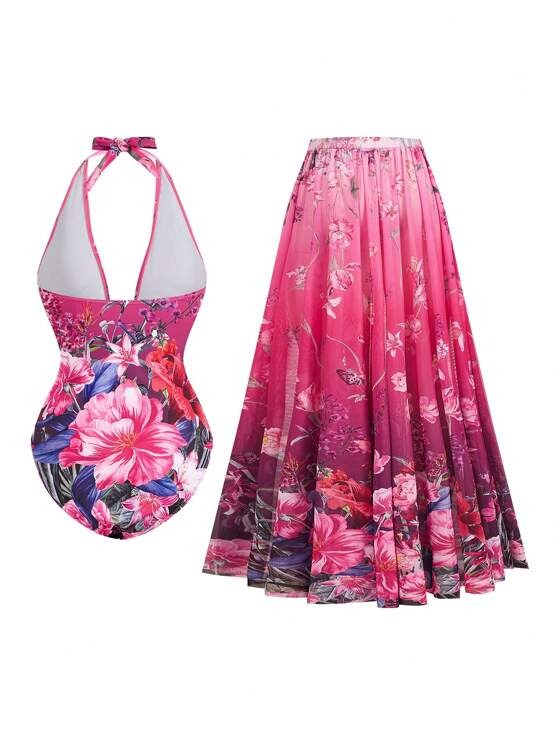 Romantisch Bloemenprint Badpak met Omslagrok