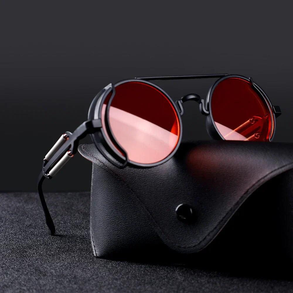 Steampunk Ronde Zonnebril Rood Metalen Frame