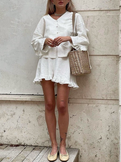 Dames Katoenen Rucheshort en Blouse Set