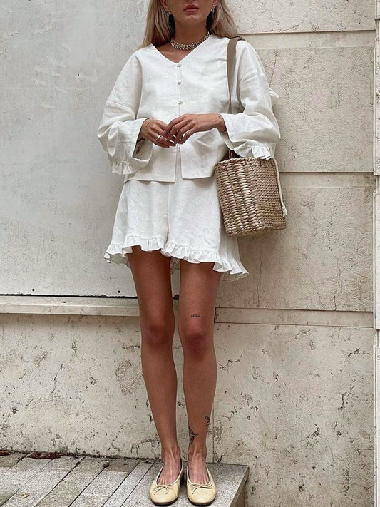 Dames Katoenen Rucheshort en Blouse Set