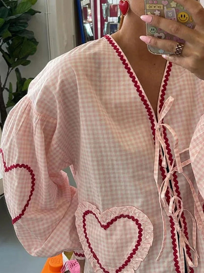Elegante Geruite Blouse met Kant en Hartjes