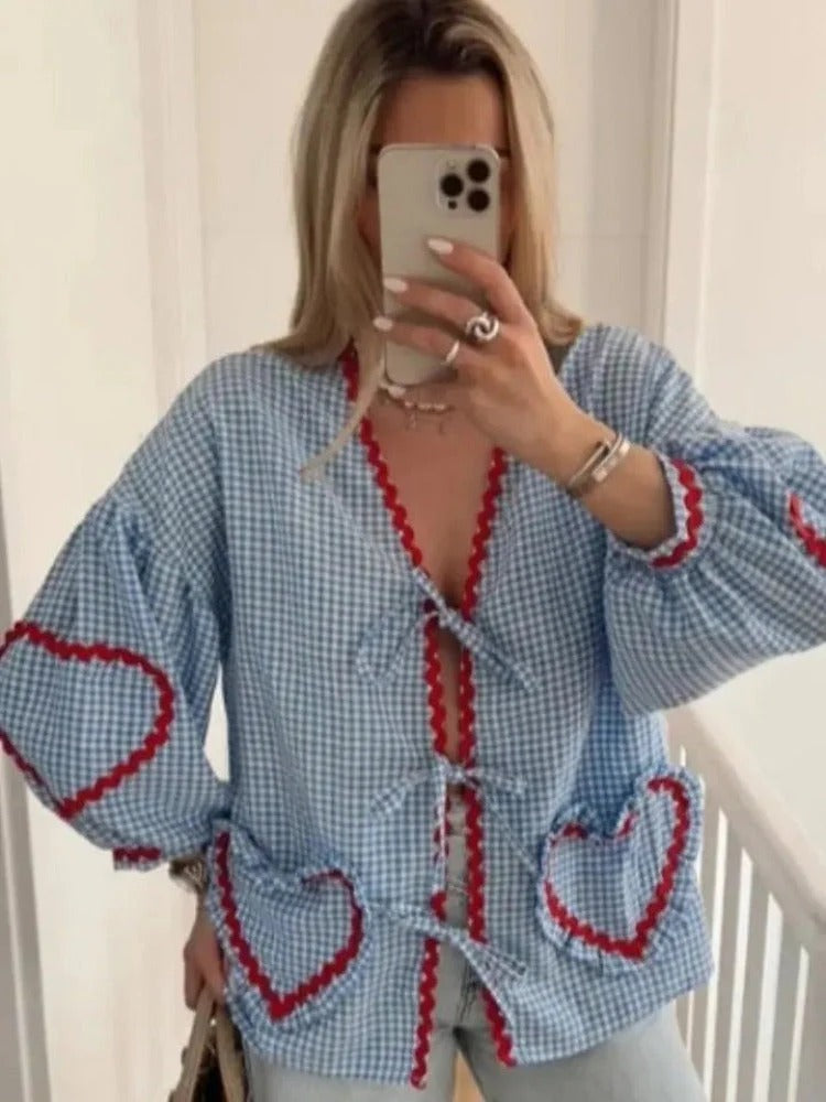 Elegante Geruite Blouse met Kant en Hartjes