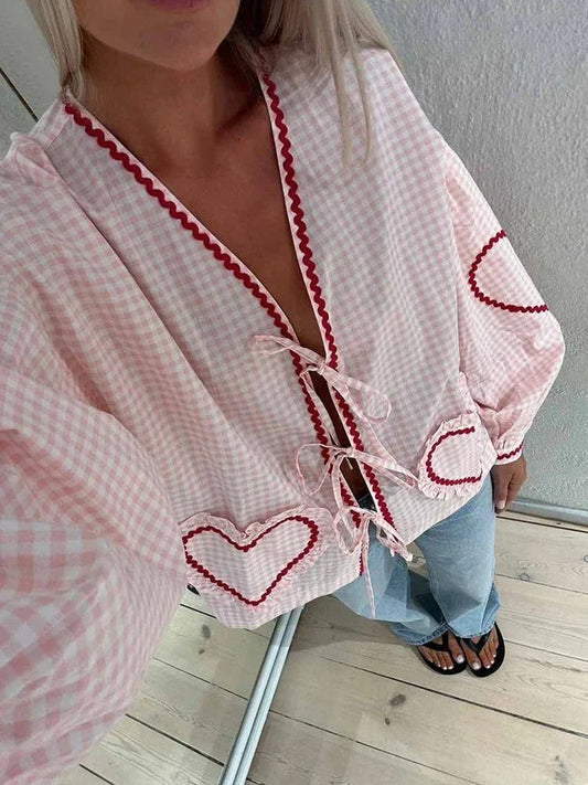 Elegante Geruite Blouse met Kant en Hartjes