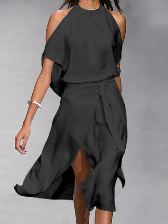 Elegante Off-Shoulder Damesjurk met Asymmetrisch Design