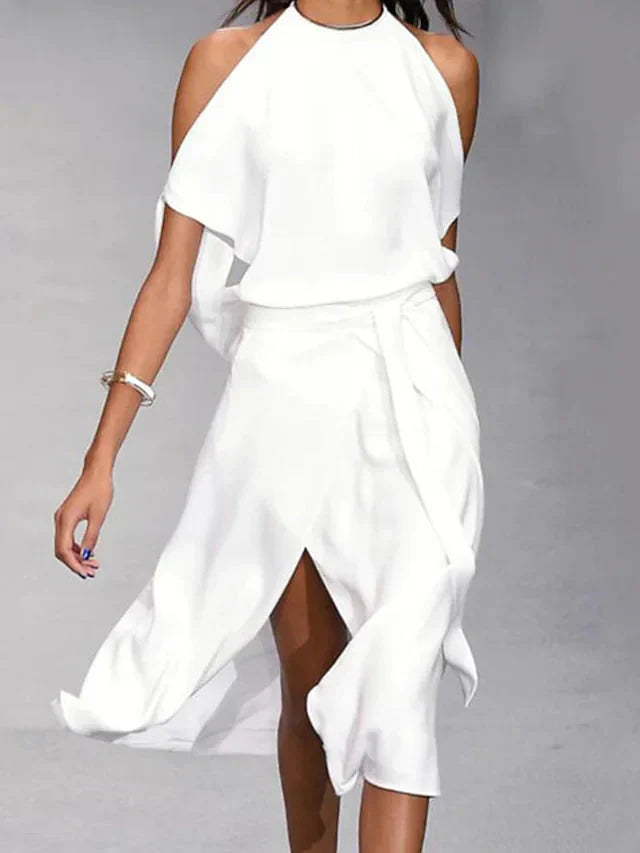 Elegante Off-Shoulder Damesjurk met Asymmetrisch Design