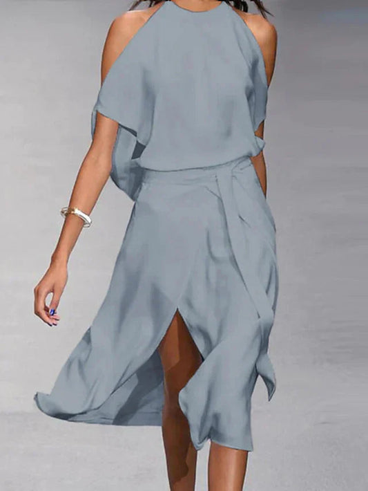 Elegante Off-Shoulder Damesjurk met Asymmetrisch Design