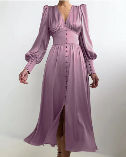 Elegante Satijnen Maxi Jurk met V-Hals
