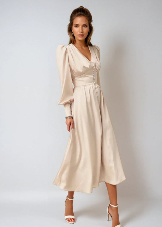 Elegante Satijnen Maxi Jurk met V-Hals