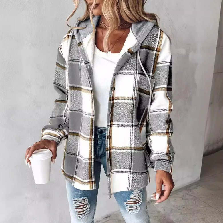 Emily – Stijlvolle Geruite Damesjas met Capuchon