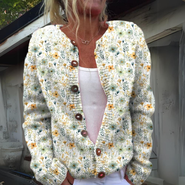 Gebreide Damescardigan met Bloemen en Knopen