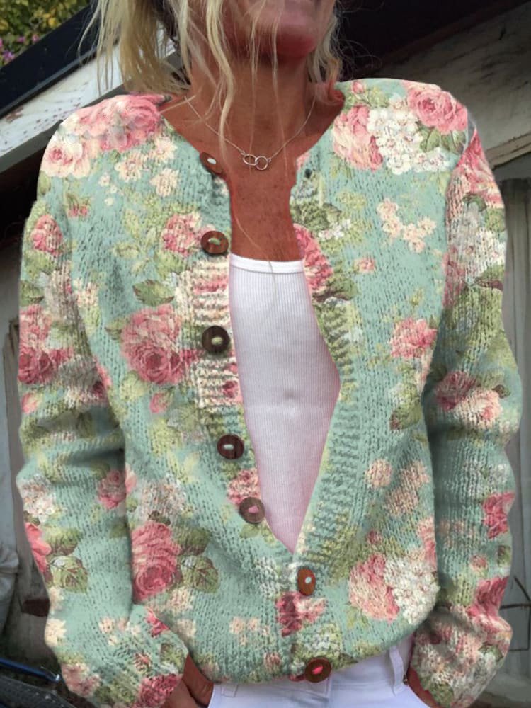 Gebreide Damescardigan met Bloemen en Knopen